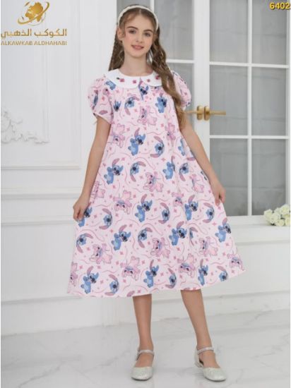 صورة فستان بناتي صيفي بطبعة شخصيات وأكمام منتفخة – موديل 6402